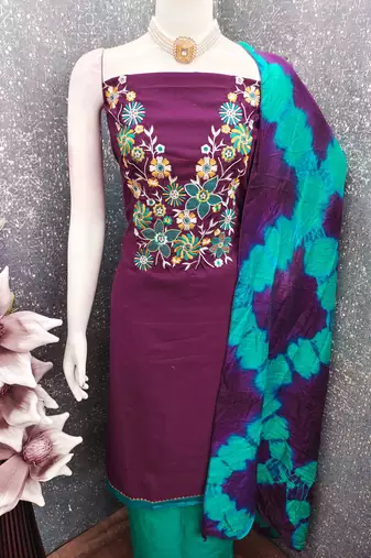 purple cotton blend embroidered unstitched dressmaterials 3 pair top bottom dupptaa