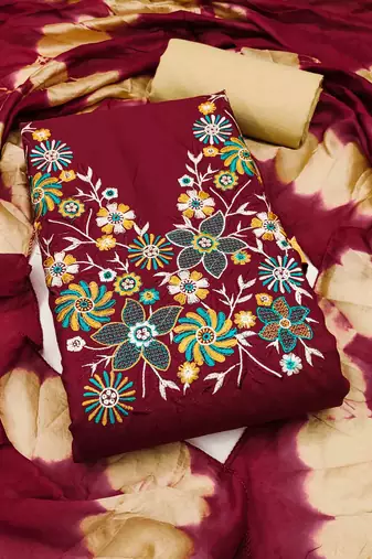 red cotton blend embroidered unstitched dressmaterials 3 pair top bottom dupptaa