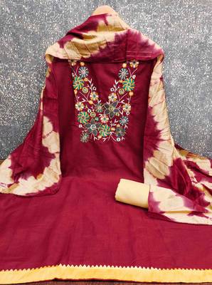 Red cotton embroidered unstitched dressmaterials 3 pair top bottom dupptaa 3