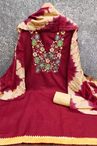 red cotton blend embroidered unstitched dressmaterials 3 pair top bottom dupptaa