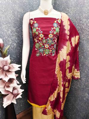 Red cotton embroidered unstitched dressmaterials 3 pair top bottom dupptaa 4
