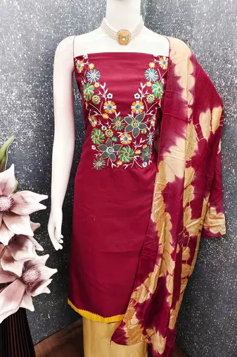 red cotton blend embroidered unstitched dressmaterials 3 pair top bottom dupptaa