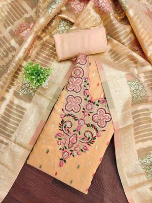 Orange silk embroidered unstitched dressmaterials 3 pair top bottom dupptaa 1