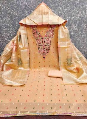 Orange silk embroidered unstitched dressmaterials 3 pair top bottom dupptaa 3