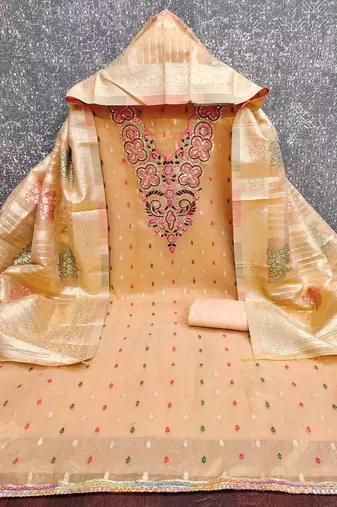 orange silk blend embroidered unstitched dressmaterials 3 pair top bottom dupptaa