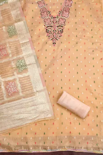 orange silk blend embroidered unstitched dressmaterials 3 pair top bottom dupptaa