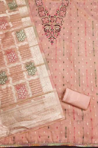 Peach silk embroidered unstitched dressmaterials 3 pair top bottom dupptaa