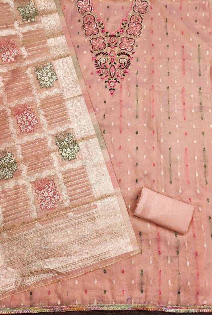 Peach silk embroidered unstitched dressmaterials 3 pair top bottom dupptaa