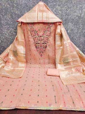 Peach silk embroidered unstitched dressmaterials 3 pair top bottom dupptaa 3