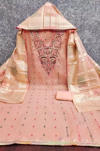 peach silk blend embroidered unstitched dressmaterials 3 pair top bottom dupptaa