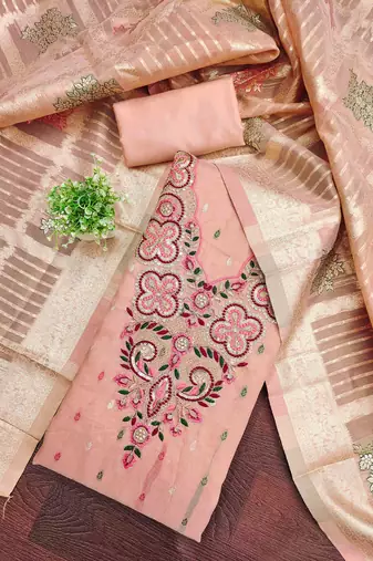 peach silk blend embroidered unstitched dressmaterials 3 pair top bottom dupptaa