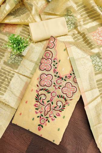 Yellow silk embroidered unstitched dressmaterials 3 pair top bottom dupptaa