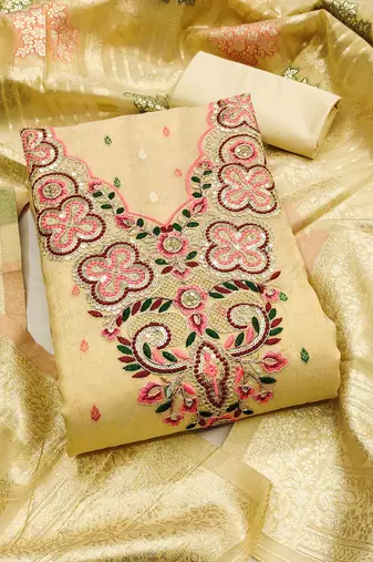 yellow silk blend embroidered unstitched dressmaterials 3 pair top bottom dupptaa