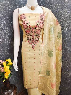 Yellow silk embroidered unstitched dressmaterials 3 pair top bottom dupptaa 3