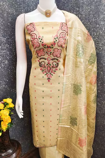 yellow silk blend embroidered unstitched dressmaterials 3 pair top bottom dupptaa