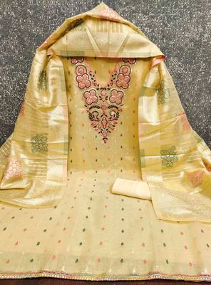 Yellow silk embroidered unstitched dressmaterials 3 pair top bottom dupptaa 4