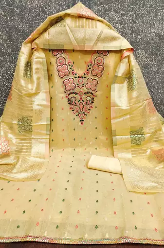 yellow silk blend embroidered unstitched dressmaterials 3 pair top bottom dupptaa
