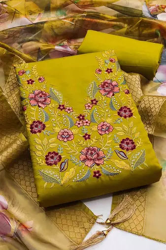 green silk blend embroidered unstitched dressmaterials 3 pair top bottom dupptaa