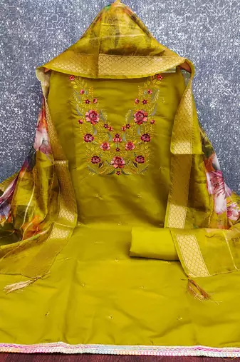 green silk blend embroidered unstitched dressmaterials 3 pair top bottom dupptaa