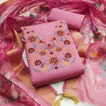 Pink silk  embroidered unstitched dressmaterials 3 pair top bottom dupptaa 1