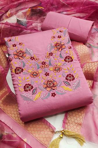 pink silk blend embroidered unstitched dressmaterials 3 pair top bottom dupptaa