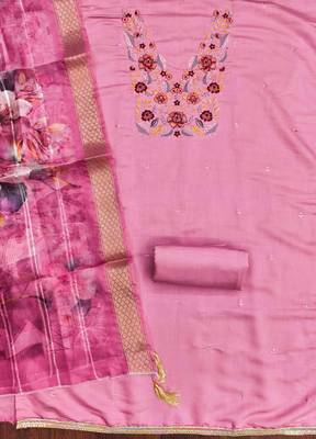 Pink silk  embroidered unstitched dressmaterials 3 pair top bottom dupptaa 3