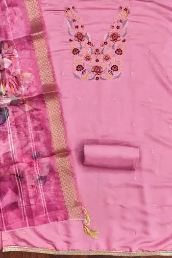 pink silk blend embroidered unstitched dressmaterials 3 pair top bottom dupptaa