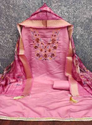Pink silk  embroidered unstitched dressmaterials 3 pair top bottom dupptaa 4