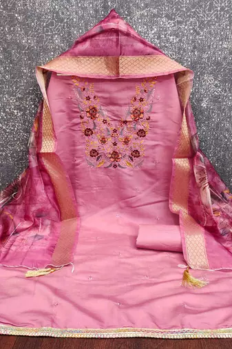pink silk blend embroidered unstitched dressmaterials 3 pair top bottom dupptaa