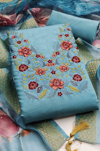 sky silk blend embroidered unstitched dressmaterials 3 pair top bottom dupptaa