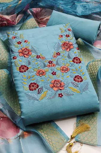 sky silk blend embroidered unstitched dressmaterials 3 pair top bottom dupptaa