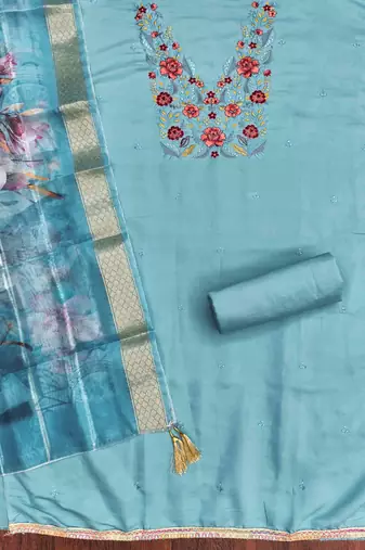 sky silk blend embroidered unstitched dressmaterials 3 pair top bottom dupptaa