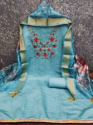 Sky silk embroidered unstitched dressmaterials 3 pair top bottom dupptaa 4