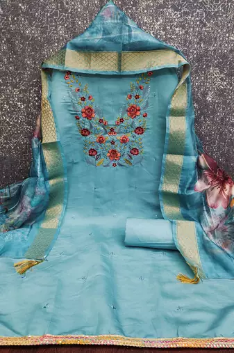 sky silk blend embroidered unstitched dressmaterials 3 pair top bottom dupptaa