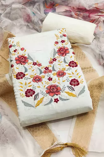white silk blend embroidered unstitched dressmaterials 3 pair top bottom dupptaa