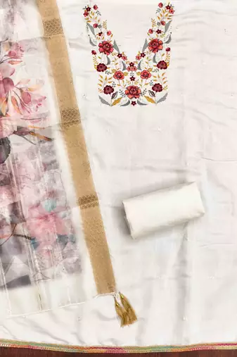 white silk blend embroidered unstitched dressmaterials 3 pair top bottom dupptaa