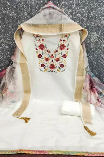 white silk blend embroidered unstitched dressmaterials 3 pair top bottom dupptaa