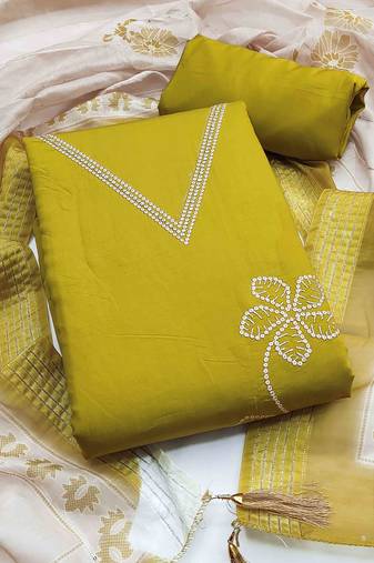 green silk blend embroidered unstitched dressmaterials 3 pair top bottom dupptaa