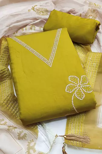 green silk blend embroidered unstitched dressmaterials 3 pair top bottom dupptaa
