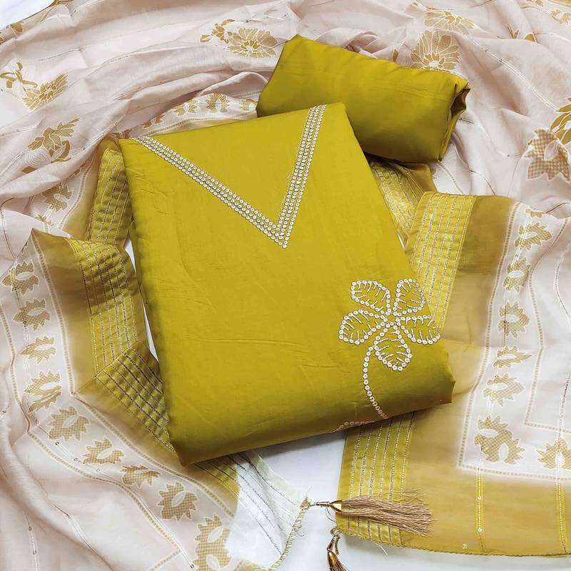 Green silk  embroidered unstitched dressmaterials 3 pair top bottom dupptaa