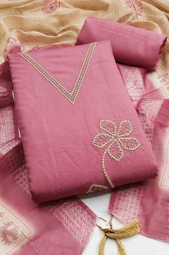pink silk blend embroidered unstitched dressmaterials 3 pair top bottom dupptaa