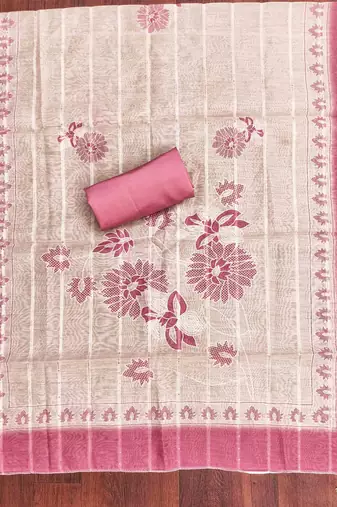 pink silk blend embroidered unstitched dressmaterials 3 pair top bottom dupptaa