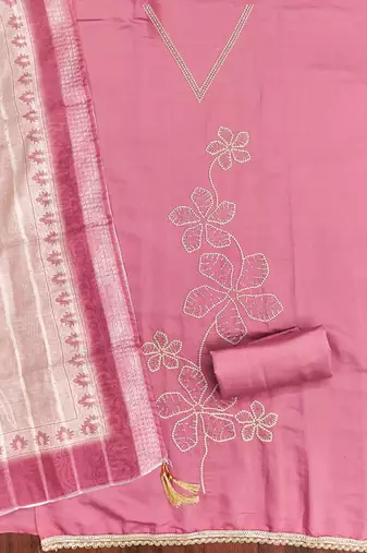 pink silk blend embroidered unstitched dressmaterials 3 pair top bottom dupptaa