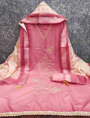 Pink silk  embroidered unstitched dressmaterials 3 pair top bottom dupptaa 4