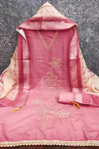 pink silk blend embroidered unstitched dressmaterials 3 pair top bottom dupptaa