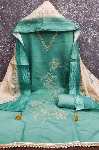sky silk blend embroidered unstitched dressmaterials 3 pair top bottom dupptaa