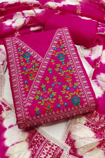 Pink cotton  embroidered unstitched dressmaterials 3 pair top bottom dupptaa