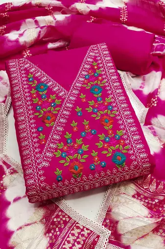 pink cotton blend embroidered unstitched dressmaterials 3 pair top bottom dupptaa