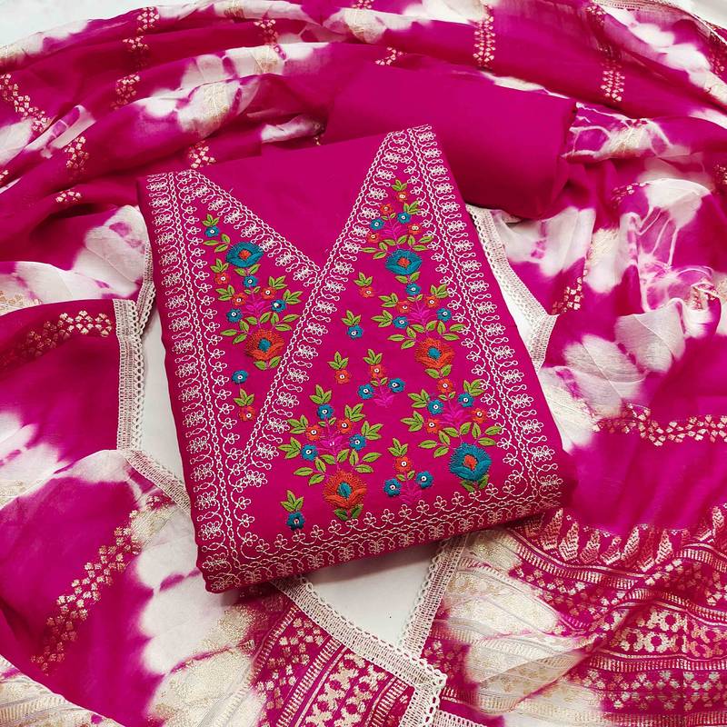 Pink cotton  embroidered unstitched dressmaterials 3 pair top bottom dupptaa