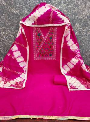 Pink cotton  embroidered unstitched dressmaterials 3 pair top bottom dupptaa 4